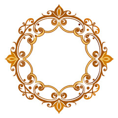A circular frame with a delicate, intricate design of gold-colored floral patterns. Generative AI