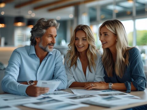 Modern Office Meeting: Couple Discussing Property Options with Real Estate Agent, Documents on Table in High-Resolution Digital Art