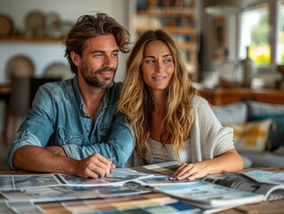 Modern Couple Planning Interior Design in New Living Room with Swatches and Design Books - Realistic Digital Illustration