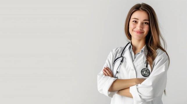 In a medical setting, a female doctor with a stethoscope and white coat is smiling confidently with arms crossed, indicative of her professionalism and expertise in patient care and medical services