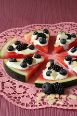 Watermelon Pizza with Yogurt, Berries, and Almonds