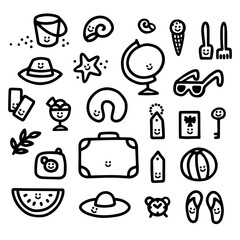 Black and white hand drawn linear smiling doodle travel icon set of vector elements on isolated white background great for stickers printing flyer poster or web 