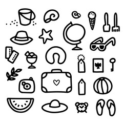 Black and white hand drawn linear smiling doodle travel icon set of vector elements on isolated white background great for stickers printing flyer poster or web 