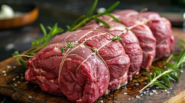 Raw beef roast tied and ready for cooking in kitchen . Generative Ai