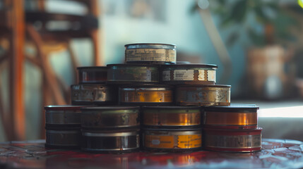 A collection of old film cans sit on a table