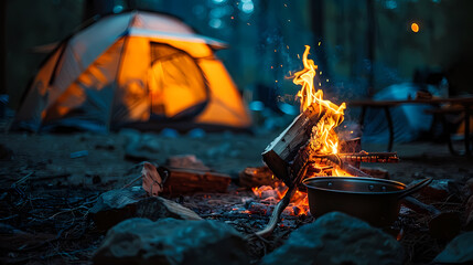 A black pot with smoke coming out of it sits next to a tent