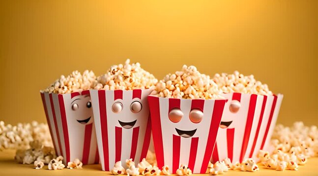 Cartoon popcorn boxes with happy faces and googly eyes filled with popcorn against a yellow background creating a fun and playful scene