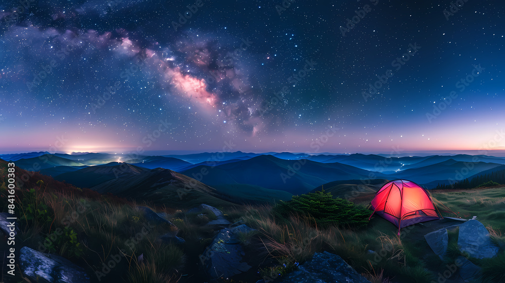 Canvas Prints a red tent is set up in the middle of a mountain range