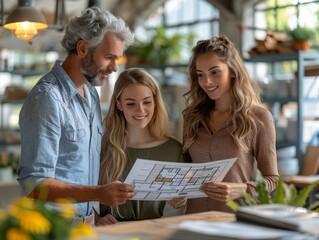 Fototapeta premium Planning Their Dream Home: Young Couple Examining House Floor Plans with Real Estate Agent in Bright Office Space
