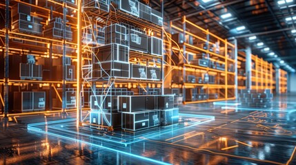 Fototapeta premium Futuristic digital warehouse using augmented reality: smart logistics, ecommerce and delivery concept in modern industry