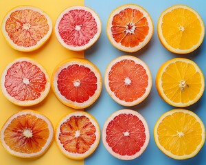 Vibrant Citrus Slices Arranged in Colorful Geometric Pattern on Minimal Background