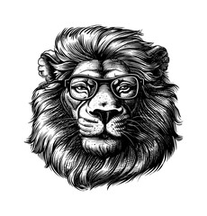Fototapeta premium lion, wears black framed eyeglasses engraving black and white outline