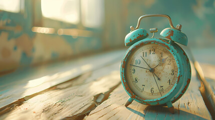 A rusted old alarm clock sits on a wooden table