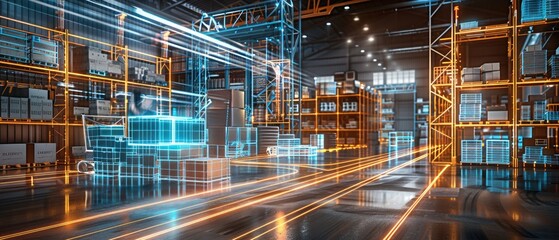 Fototapeta premium Futuristic digital warehouse using augmented reality: smart logistics, ecommerce and delivery concept in modern industry