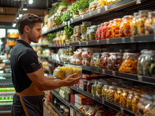 Fototapeta premium Entrepreneurial Spirit: Small Business Owner Organizing Products in New Store with Care and Precision