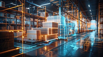 Futuristic digital warehouse using augmented reality: smart logistics, ecommerce and delivery concept in modern industry