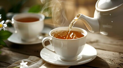 A close-up of a white porcelain teapot pouring tea into a white cup, Generative AI