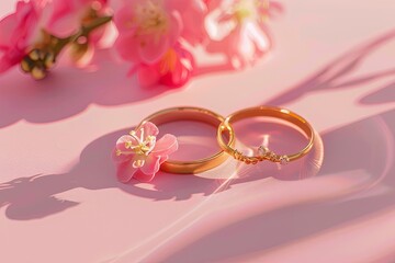 two golden rings with beautiful flowers isolated on pastel pink background. Sun and shadow. Valentine’s Day, engagement, marriage , wedding day concept .