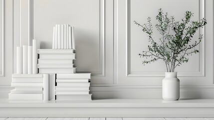 A stack of clean white books arranged neatly on a white bookshelf, Generative AI