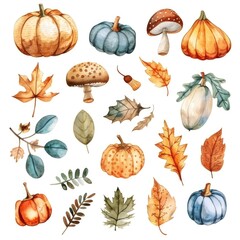 Watercolor Autumn Leaves and Mushrooms. Nature Inspired Botanical Illustration
