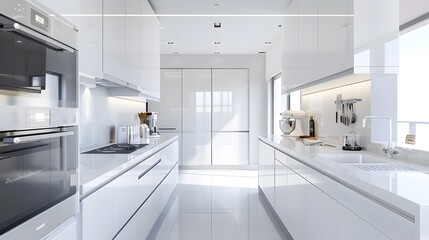 A tidy white kitchen with gleaming appliances and utensils, Generative AI