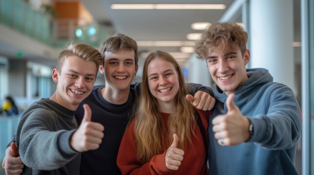 A group of young adults is joyfully posing in a contemporary office, embodying teamwork, positivity, and camaraderie with smiles and thumbs up. The colleagues demonstrate unity and achievement