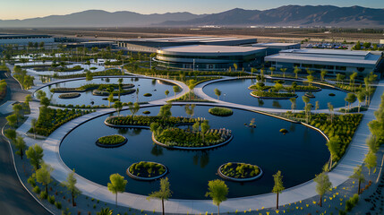 Aerial view of circular ponds used for industrial wastewater treatment, processing, clarifying, and demineralizing water, surrounded by greenery.