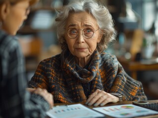 Senior Woman Meeting Financial Advisor for Investment Planning, Analyzing Savings with Graphs and Documents on Table in High-Resolution Digital Artwork