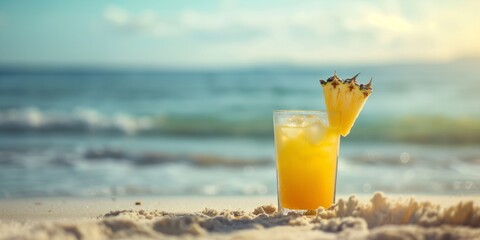 Obraz premium Pineapple cocktail on a sandy beach with ocean and sky in the background. Summer and vacation concept. Design for poster, advertisement, and greeting card. Closeup view for banner with copy space. 