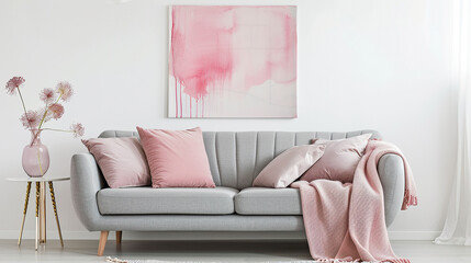 Art Home. Modern living room with grey sofa and pink accessories