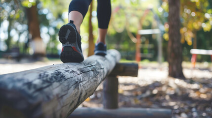 Young woman balancing on a wooden beam in a park