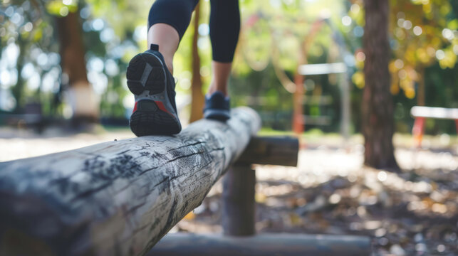 Young woman balancing on a wooden beam in a park