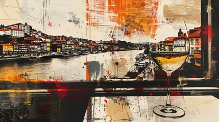 Obraz premium Contemporary Art Collage with Wine Glass Overlooking Ribeira in Porto