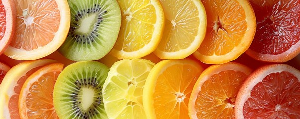 Colorful assortment of sliced fruits including oranges, lemons, kiwis, and grapefruits. Fresh and...