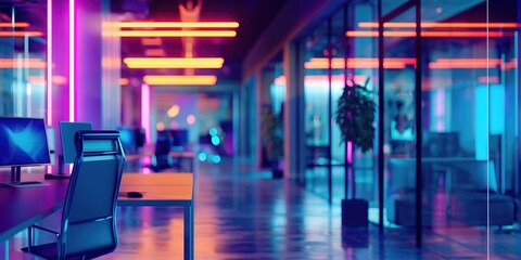 Blurred office copyspace background with desk and chair with pink and yellow neon lights AI generative image