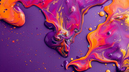 Abstract vibrant liquid paint splashes on purple surface