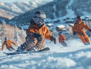 Thrilling Snowboarding Adventure: Family Enjoying Dynamic Slope Action in High-Resolution Digital Art