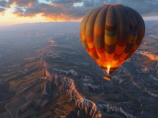 Obraz premium Romantic Couple on Hot Air Balloon Ride Admiring Majestic Landscape Views | High-Quality Digital Illustration