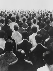 Monochrome image of a large crowd of people viewed from the back, symbolizing unity, conformity, and human connection.