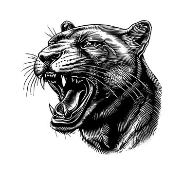 recommend clip art: panther, angry open mouth head portrait engraving black and white outline