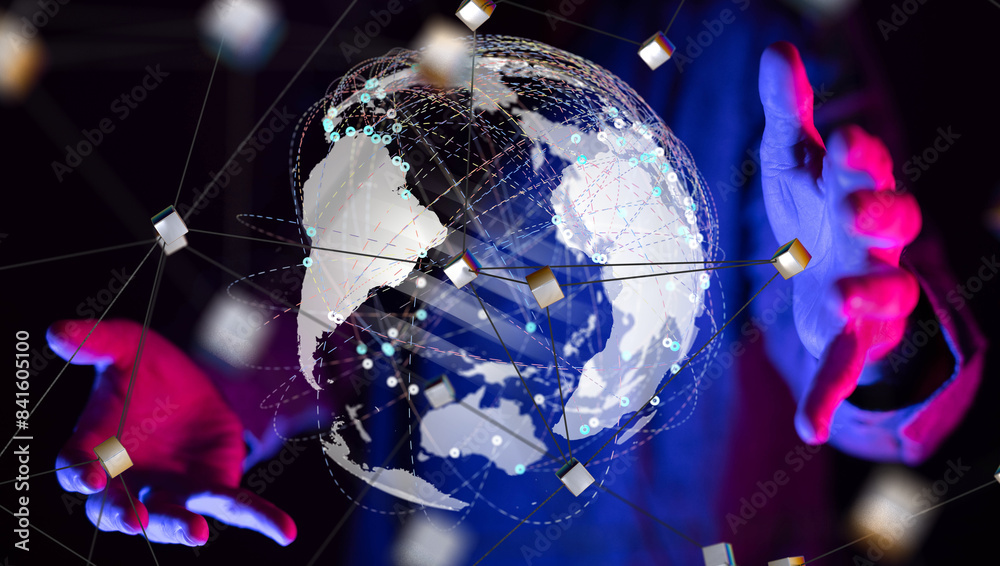Poster world Global network. Blockchain. 3D illustration. Neural networks and artificial intelligence. Abstract