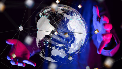 world Global network. Blockchain. 3D illustration. Neural networks and artificial intelligence. Abstract