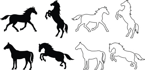 Set of flat Silhouette of galloping, jumping running, trotting, rearing horses. Prancing stallion pricked up its ears designs elements editable stock for equestrian goods on transparent background.