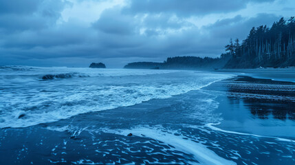 Waves washing the shore at dusk on a Washington coast