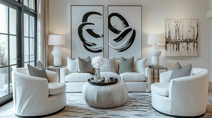 Art Home. Contemporary White Interior with paintings