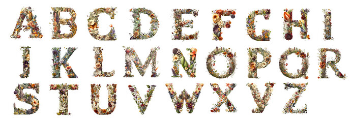Floral alphabet - letters made from flowers and plant branches isolated on a white background. Alphabet for your design.