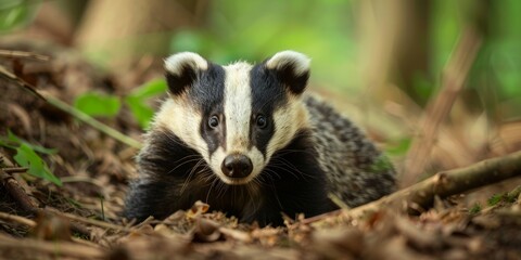 Badger, sitting in the woods looking at the camera.