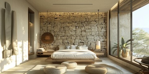 A contemporary styled bedroom with a prominent stone wall and a comfortable bed as a centrepiece.