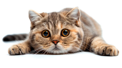 Obraz premium Adorable close-up of a curious scottish fold tabby cat kitten big eyes, paws stretched forward, against a white background. 