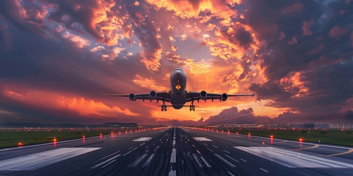 A commercial aircraft takes off from an airport runway under a bright and dramatic sky at sunset